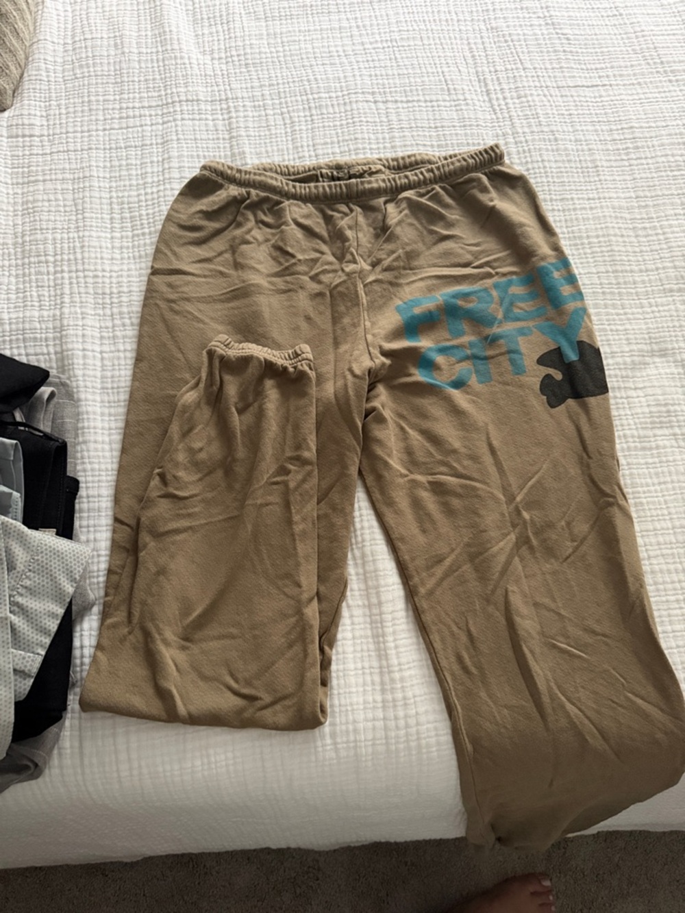 freecity Tan Track Pants with Blue Logo